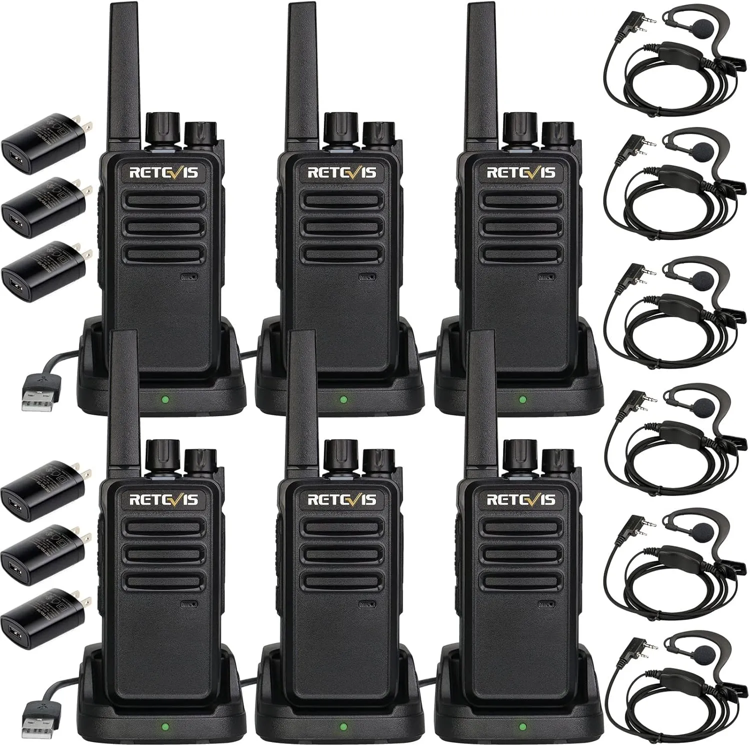 Retevis RT68 Two Way Radios with Earpiece, Heavy Duty Walkie Talkies for Adults, Compact 2 Way Radio Long Range Rechargeable with USB Charging Base, for Restaurant Church Security School (6 Pack)