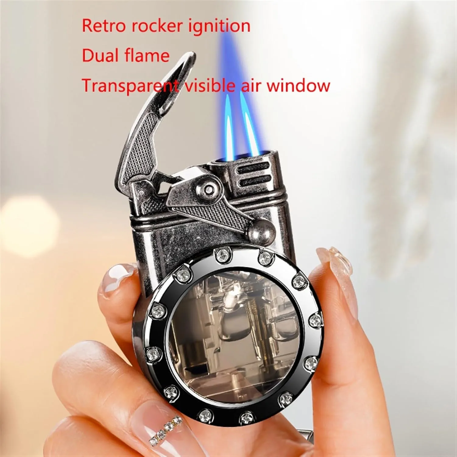 Retro double flame lighter, steampunk butane lighter, cool lighter with transparent visible gas tank, portable windproof lighter, great gift for men, father, husband,(B)