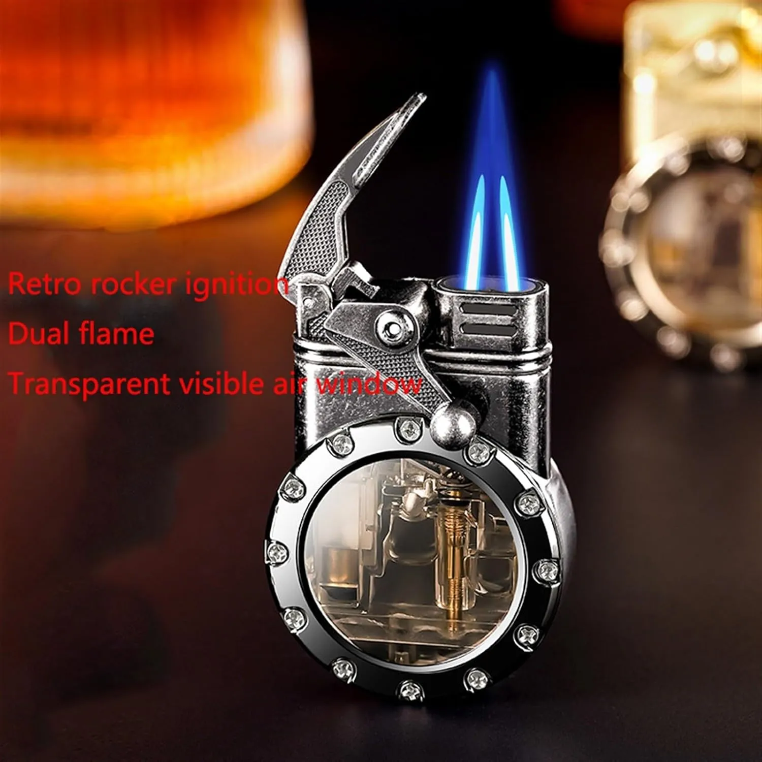Retro double flame lighter, steampunk butane lighter, cool lighter with transparent visible gas tank, portable windproof lighter, great gift for men, father, husband,(B)