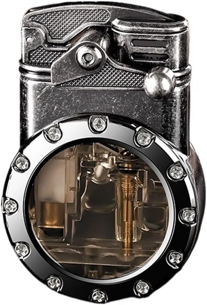 Retro double flame lighter, steampunk butane lighter, cool lighter with transparent visible gas tank, portable windproof lighter, great gift for men, father, husband,(B)