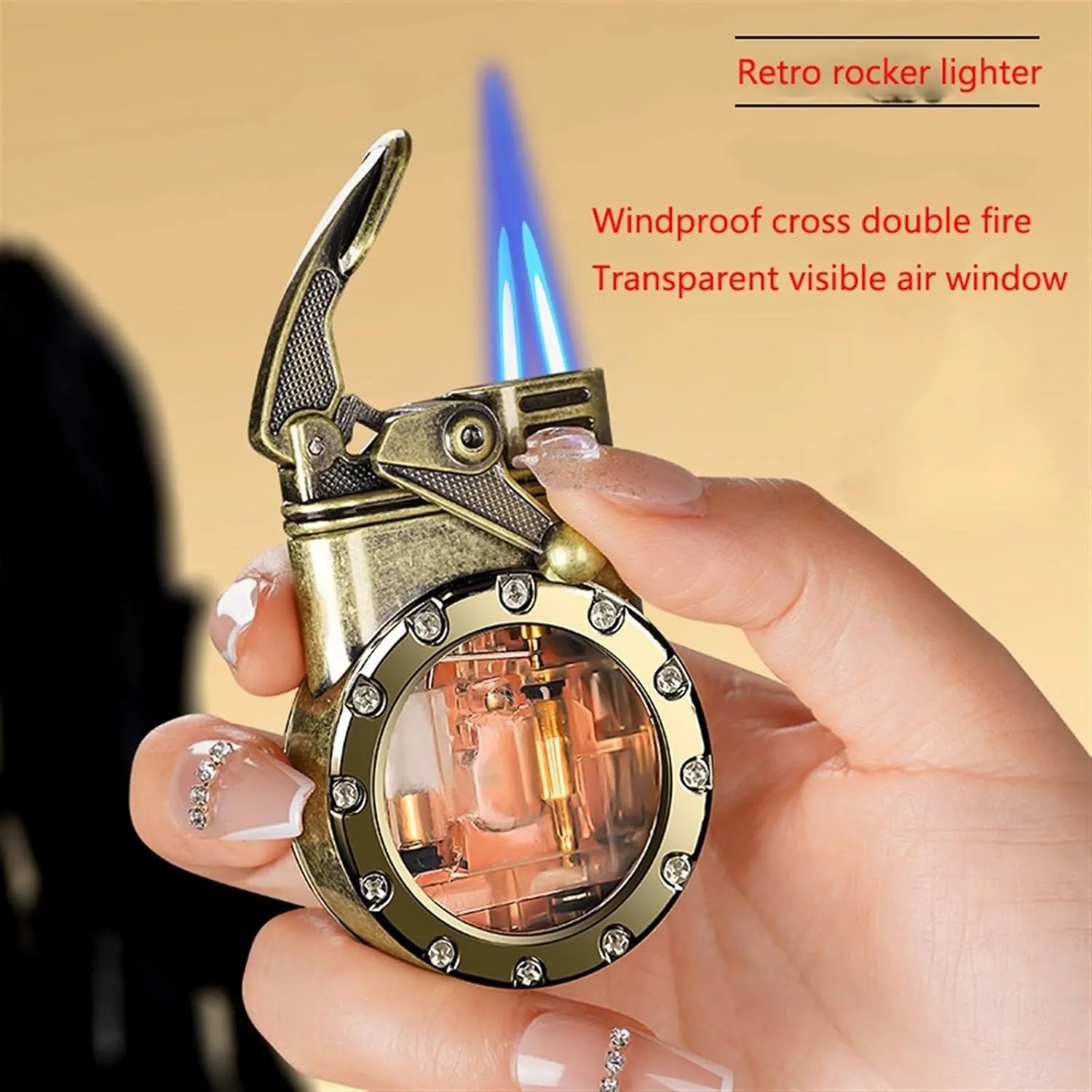 Retro double flame lighter, steampunk butane lighter, cool lighter with transparent visible gas tank, portable windproof lighter, great gift for men, father, husband,(B)