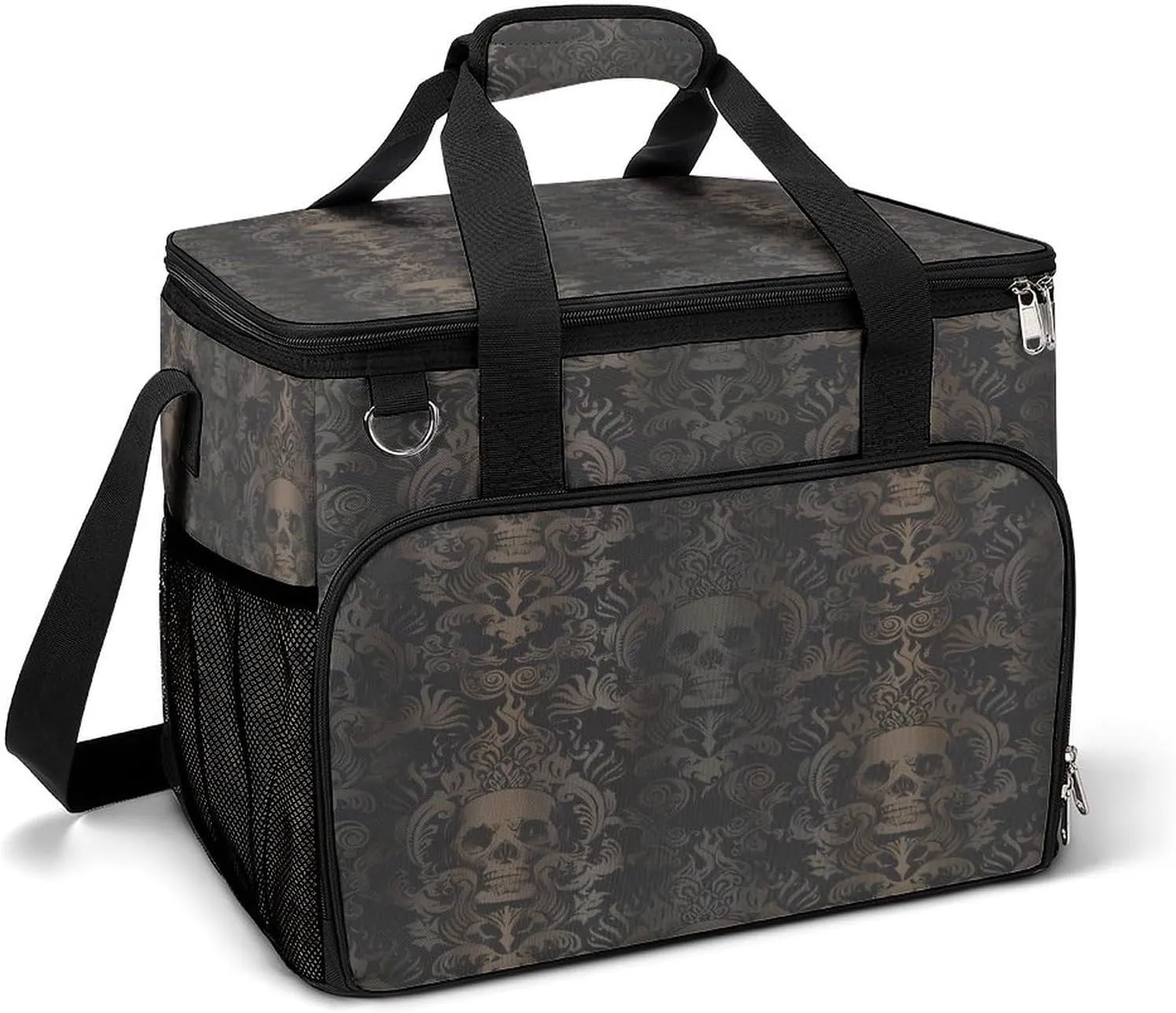 Retro Golden Gothic Skull Damask Cooler Bag, Collapsible Soft Sided Cooler, Large Leakproof Camping Cooler, Portable Travel Cooler for Camping, Road Trips