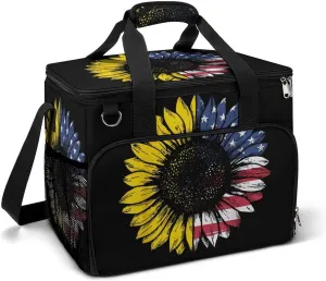 Retro Sunflower Independence Day American Flag Cooler Bag, Collapsible Soft Sided, Large Leakproof Camping Cooler, Portable Travel Cooler for Camping, Road Trips