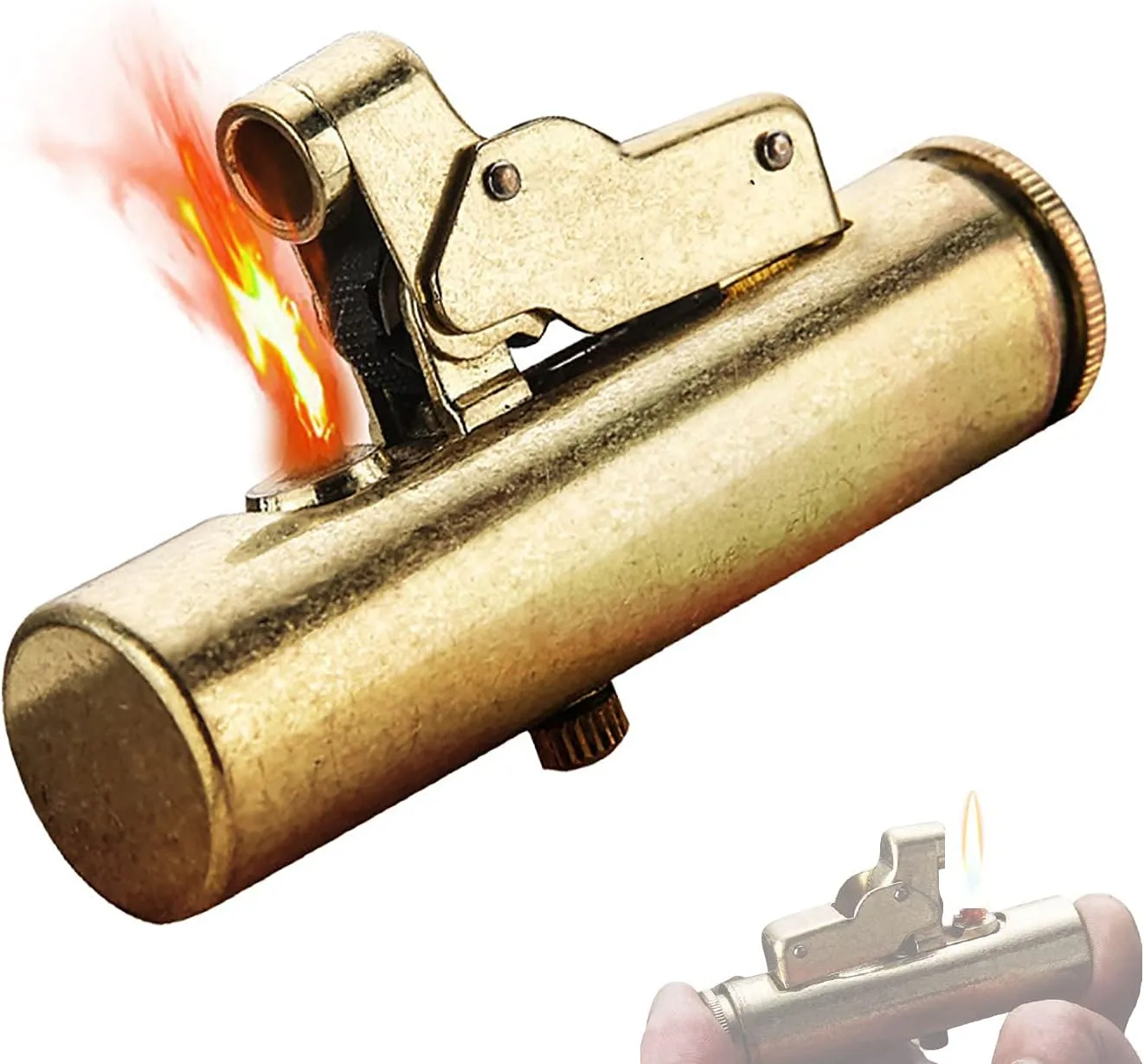 Retro Trenches Kerosene Lighter Push Ignition Pure Brass Heavy Duty Vintage Portable Oil Lighter (No Fuel)