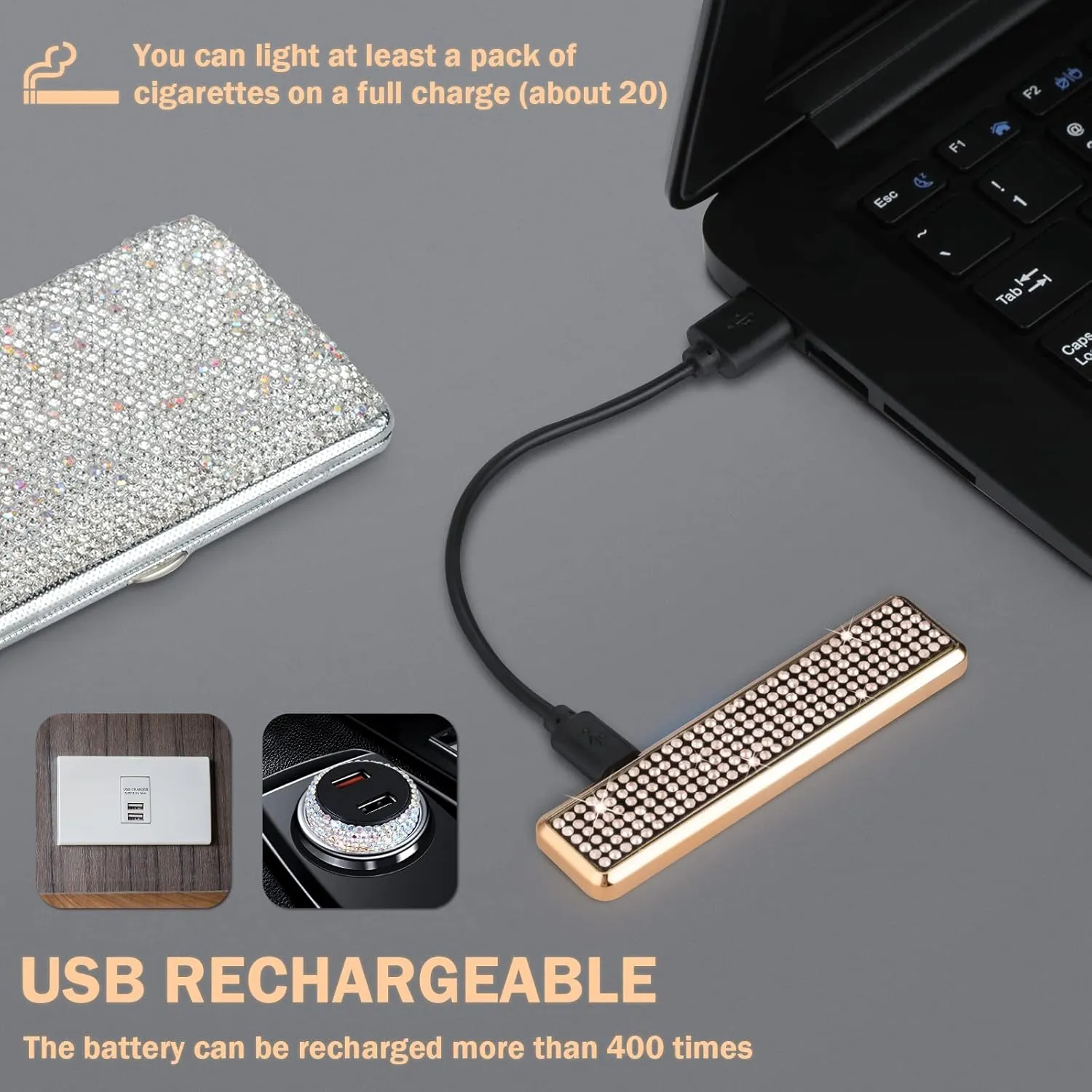 Rhinestone Electronic Candle Lighter Arc Windproof Flameless USB Rechargeable Lighter for Home Kitchen Champagne,Gold