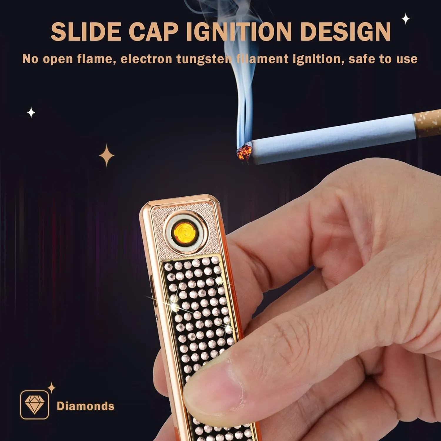 Rhinestone Electronic Candle Lighter Arc Windproof Flameless USB Rechargeable Lighter for Home Kitchen Champagne,Gold