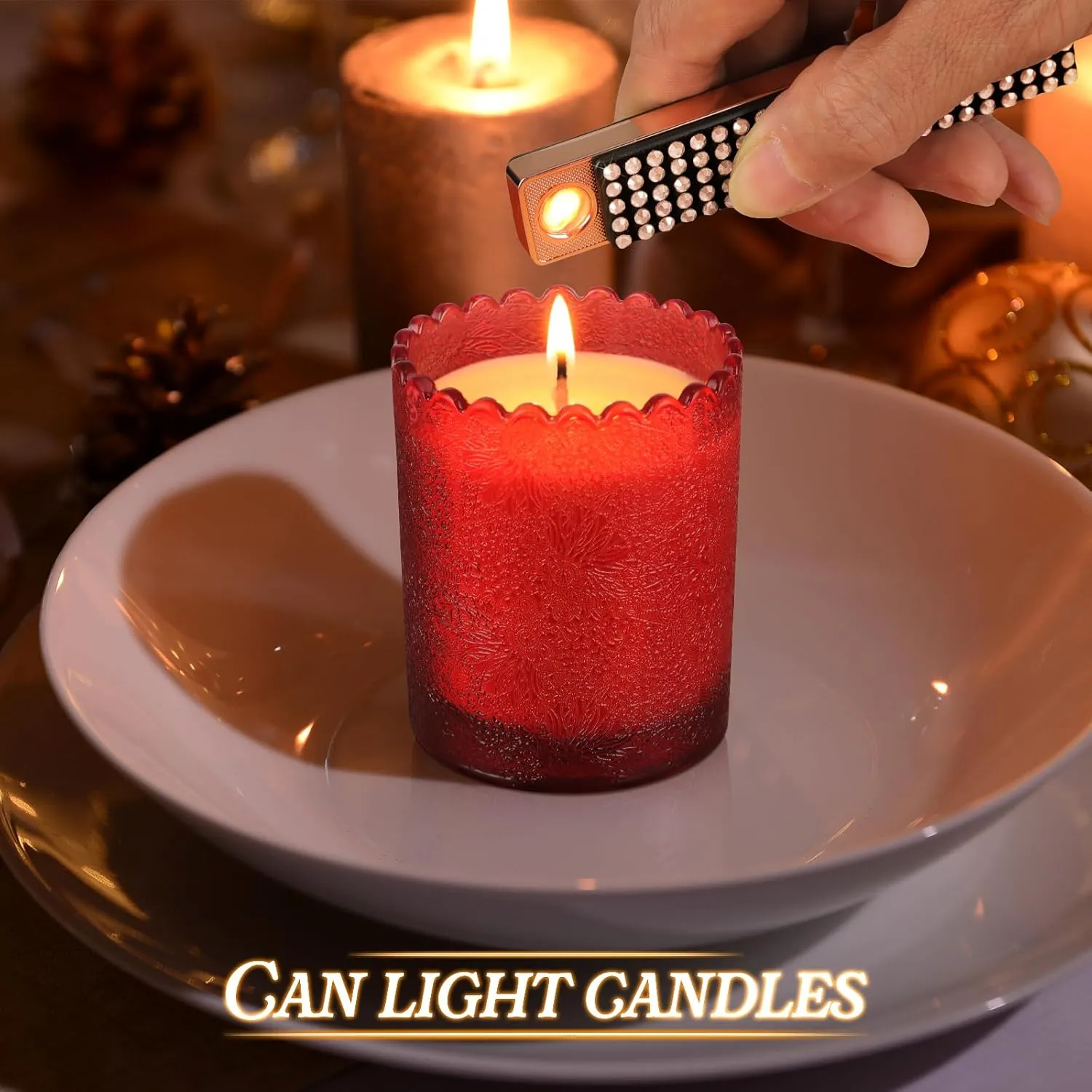 Rhinestone Electronic Candle Lighter Arc Windproof Flameless USB Rechargeable Lighter for Home Kitchen Champagne,Gold