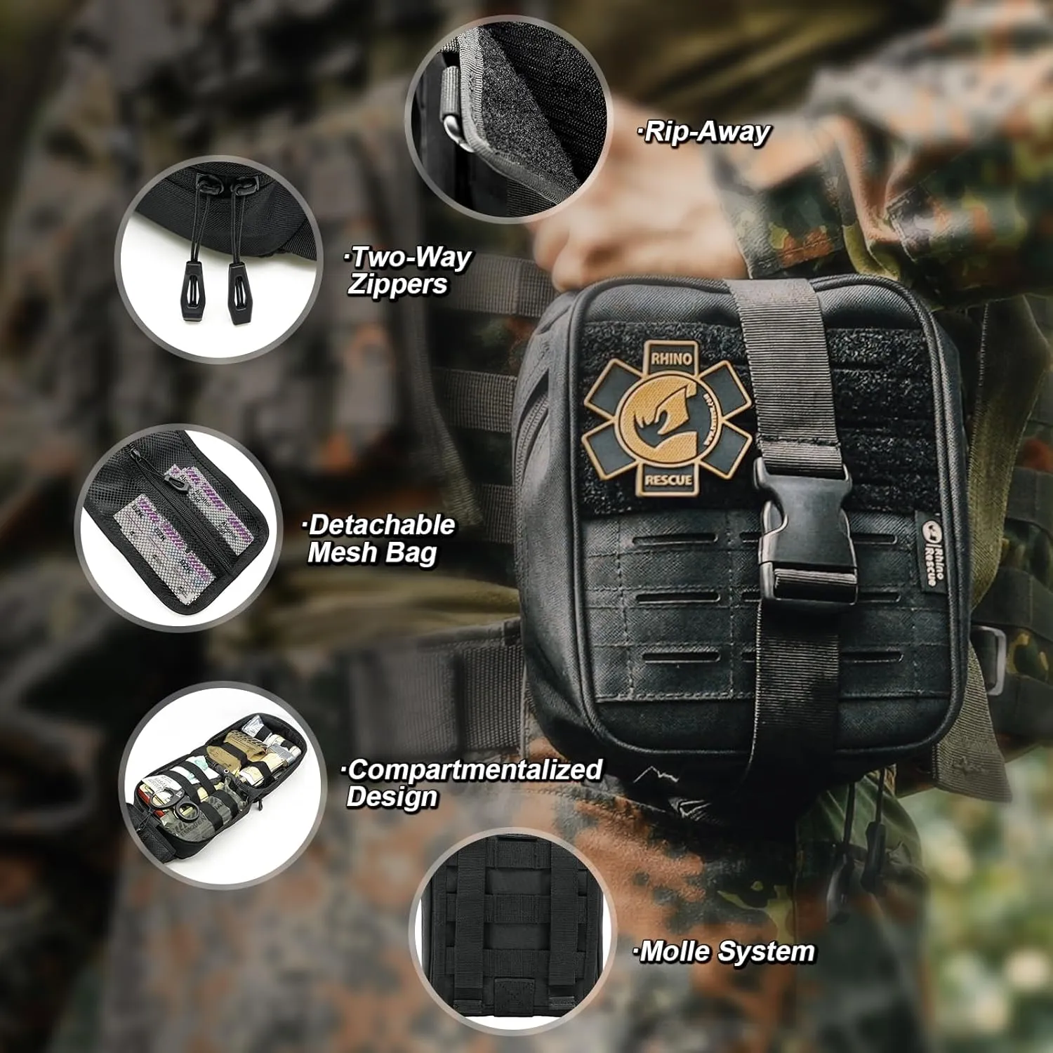 RHINO RESCUE IFAK Trauma Kit with C-A-T Tourniquet, Tactical First Aid Kit Molle Pouch for Military, Combat, Car, Camping, Hiking, Travel， FSA HSA Eligible (Black)