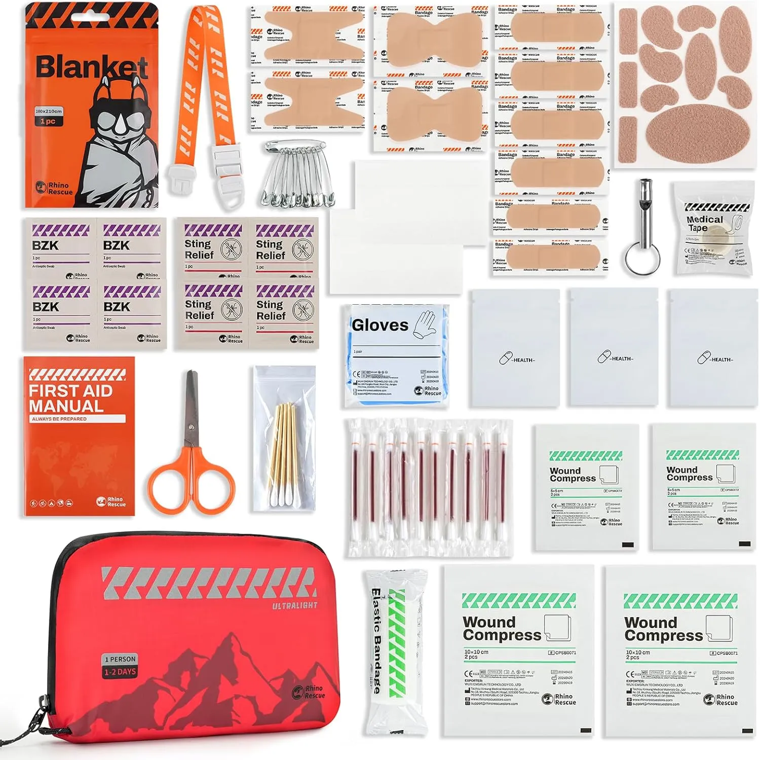 RHINO RESCUE Mini First Aid Kit Ultralight Waterproof Medical Kit for Hiking, Backpacking, Cycling, Travel, Vehicles, HSA/FSA Eligible
