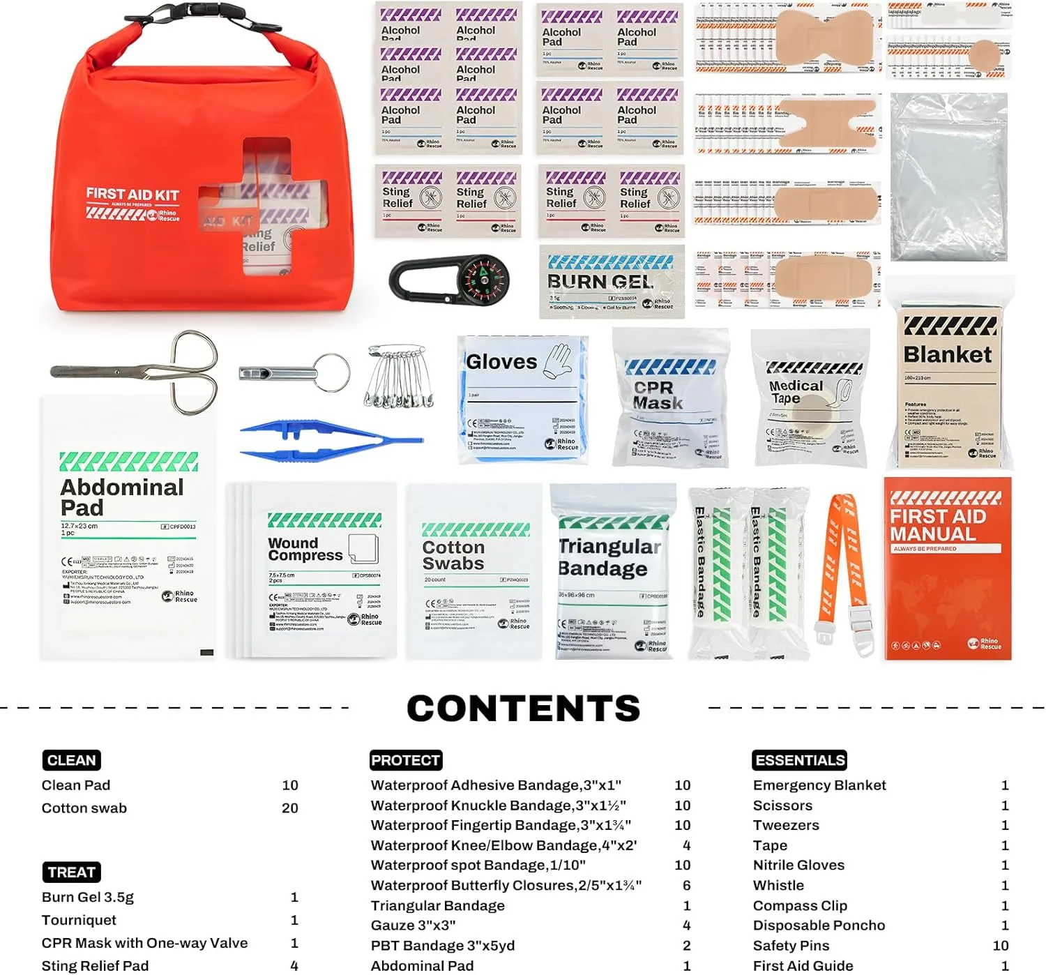 RHINO RESCUE Waterproof First Aid Kit, Lightweight Boat Dry Bag, Emergency Survival Supplies for Outdoor Kayak Floating Swimming & Camping FSA HSA Eligible (Red)