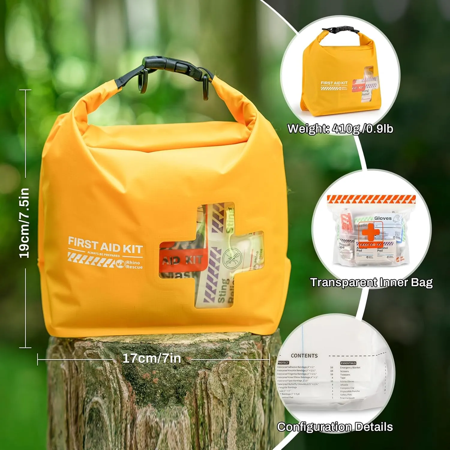 RHINO RESCUE Waterproof First Aid Kit, Lightweight Boat Dry Bag, Emergency Survival Supplies for Outdoor Kayak Floating Swimming & Camping FSA HSA Eligible (Yellow)