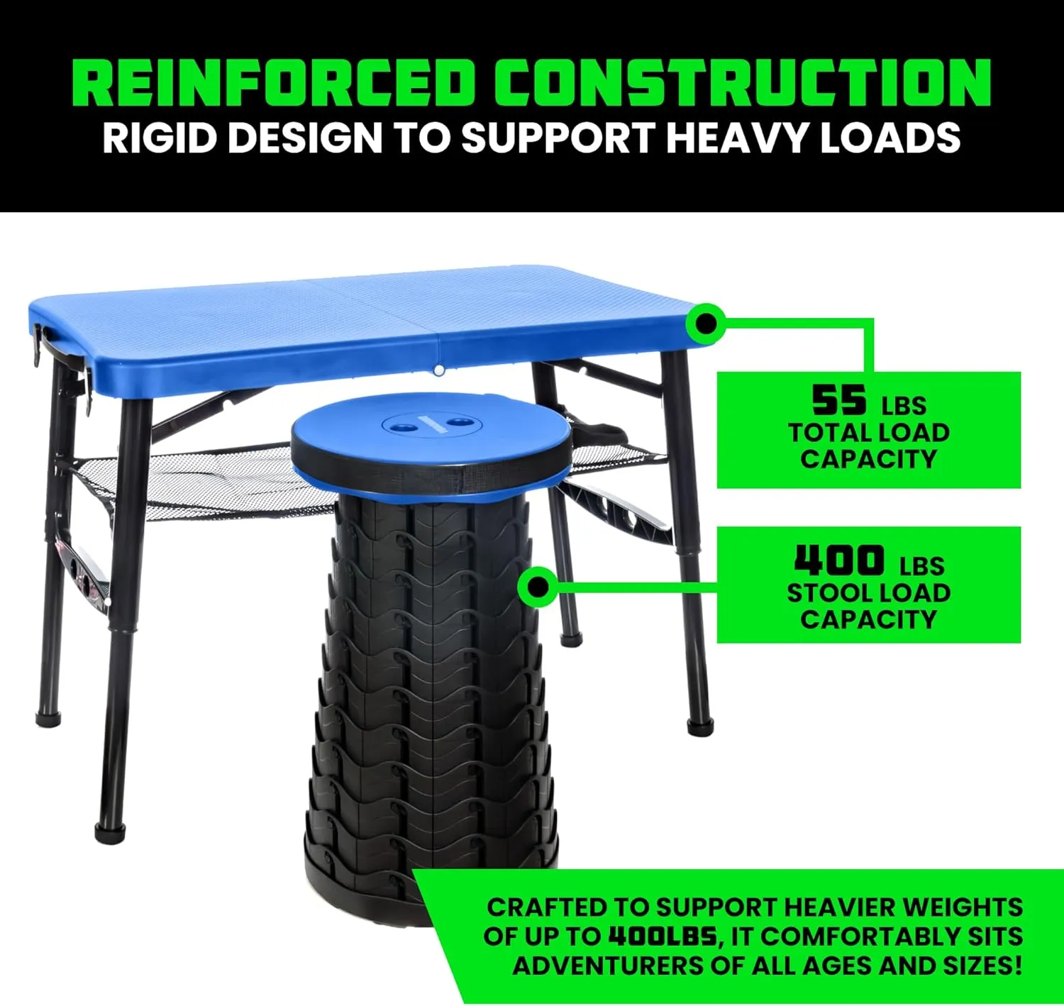 Rhino USA Portable Camping Table and Stool Set - Lightweight Foldable Camp Tables with Net for Beach Trips, Fishing, Picnic, Cooking & Much More (Blue)