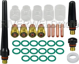 RIVERWELD TIG Stubby Gas Lens Collet Bodies 17GL 10N Series TIG Glass Cup Clear Quartz Nozzle #4-#12 Assorted Size Kit for SR WP 17 18 26 TIG Welding Torch 33pcs