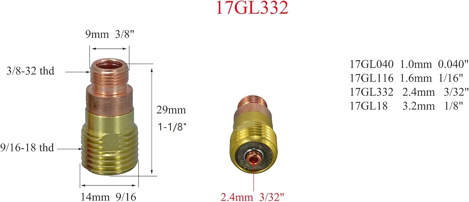 RIVERWELD TIG Stubby Gas Lens Collet Bodies 17GL 10N Series TIG Glass Cup Clear Quartz Nozzle #4-#12 Assorted Size Kit for SR WP 17 18 26 TIG Welding Torch 33pcs