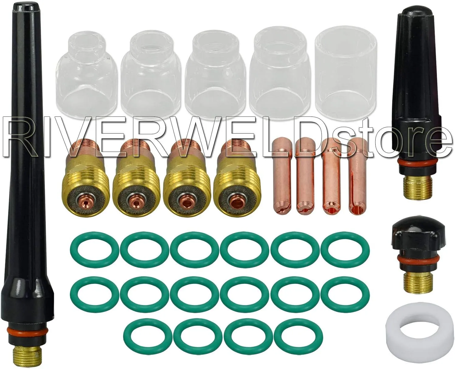 RIVERWELD TIG Stubby Gas Lens Collet Bodies 17GL 10N Series TIG Glass Cup Clear Quartz Nozzle #4-#12 Assorted Size Kit for SR WP 17 18 26 TIG Welding Torch 33pcs