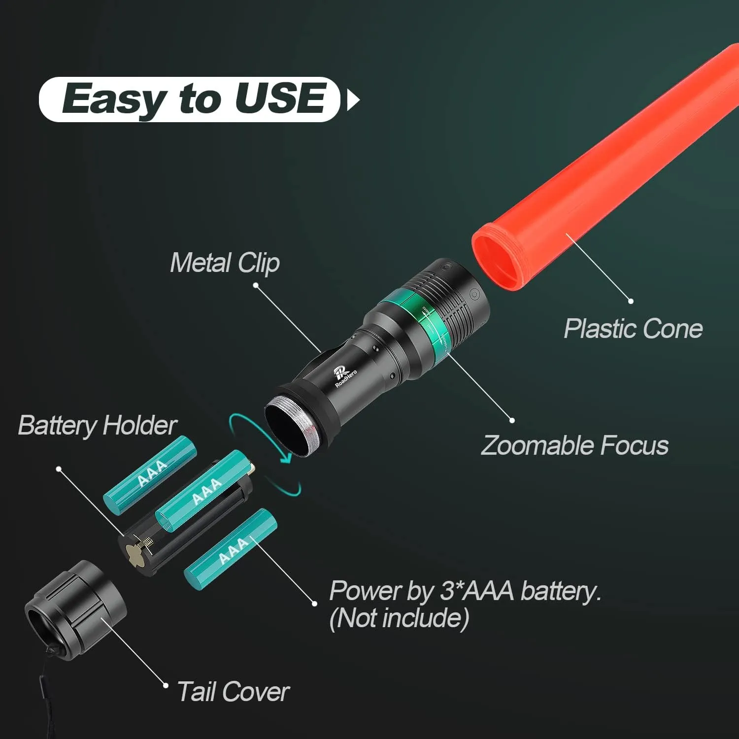 RoadHero 8 Pieces 11 Inch Traffic Wand with Strobe Modes LED Safety Signal Flashlight Wand with Wrist Strap and Side Clip for Traffic Control, Parking, Using 3 AAA Batteries, Batteries Not Included