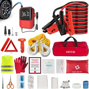 Roadside emergency car kit for vehicles, car first aid kit emergency kit with Portable Air Compressor, Heavy Duty Jumper Cables, Tow Strap, road trip Essentials car safety kit, new driver gifts