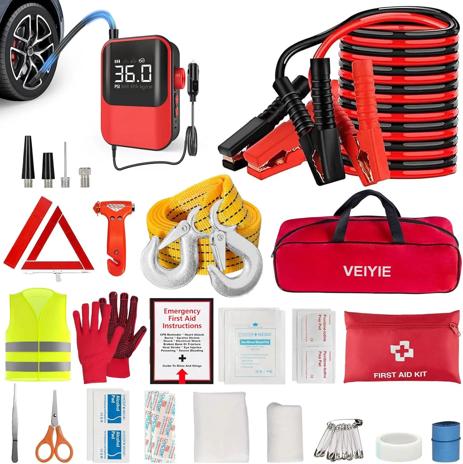 Roadside emergency car kit for vehicles, car first aid kit emergency kit with Portable Air Compressor, Heavy Duty Jumper Cables, Tow Strap, road trip Essentials car safety kit, new driver gifts