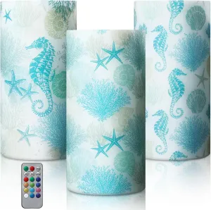 ROCEEI 3 Pcs Blue Ocean Flameless LED Candles Beach Seashell Seahorse Battery Operated Pillar Candles Summer Ocean Decoration Indoor Beach Decor with Seahorse Marine Life for Bedroom