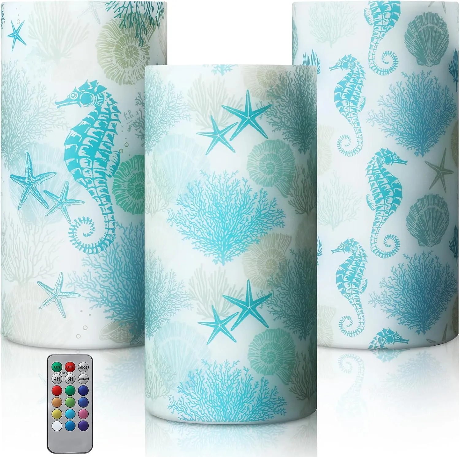 ROCEEI 3 Pcs Blue Ocean Flameless LED Candles Beach Seashell Seahorse Battery Operated Pillar Candles Summer Ocean Decoration Indoor Beach Decor with Seahorse Marine Life for Bedroom