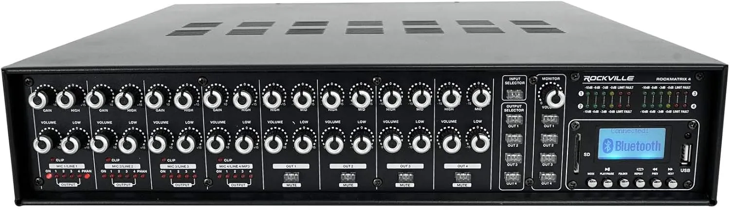 Rockville Rock Matrix 4 Zone Commercial Amplifier, Source Routing, 70V, 440W, Bluetooth, XLR, USB/SD, EQ, Limiter, Perfect for Restaurant, Bar, School