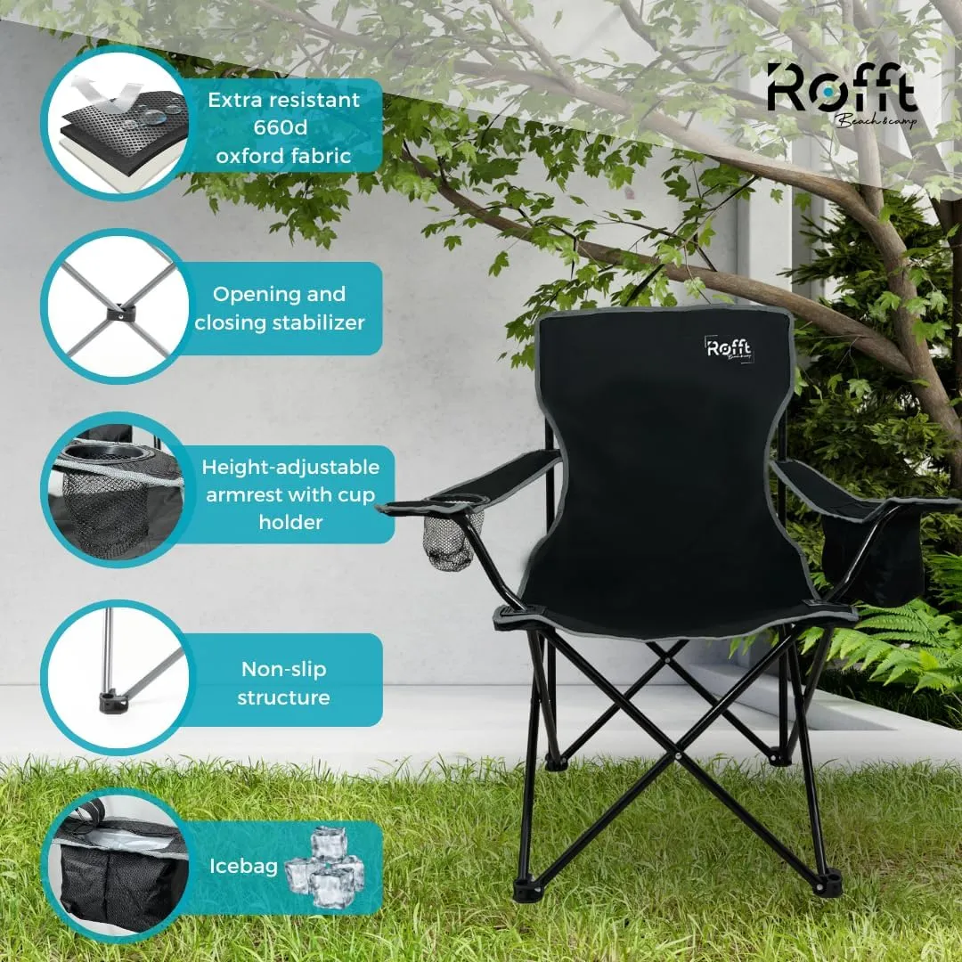 ROFFT Portable Camping Chair with Can Cooler, Fully Seat and Back with Side cooler Pocket and Cup Holder, Carry Bag Included, Collapsible Chair for Camping, events, Beach, and Sports