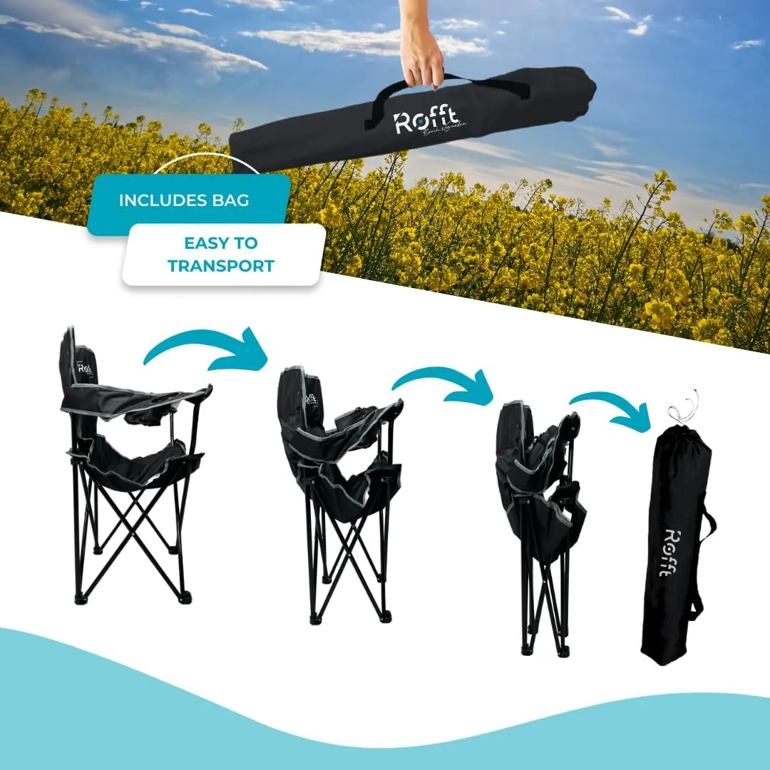 ROFFT Portable Camping Chair with Can Cooler, Fully Seat and Back with Side cooler Pocket and Cup Holder, Carry Bag Included, Collapsible Chair for Camping, events, Beach, and Sports