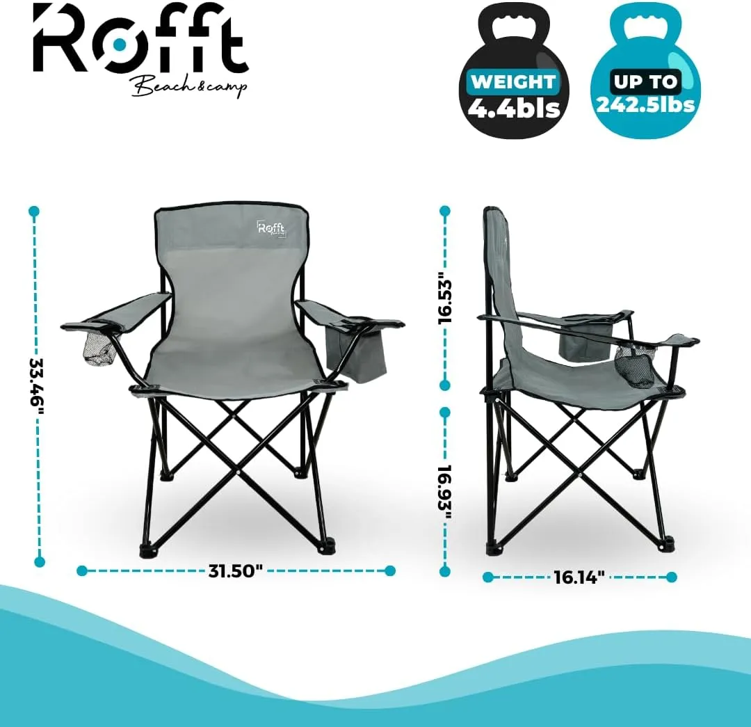 ROFFT Portable Camping Chair with Can Cooler, Fully Seat and Back with Side cooler Pocket and Cup Holder, Carry Bag Included, Collapsible Chair for Camping, events, Beach, and Sports