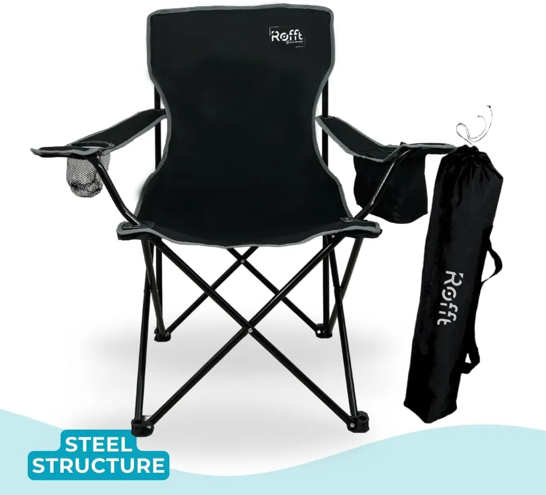ROFFT Portable Camping Chair with Can Cooler, Fully Seat and Back with Side cooler Pocket and Cup Holder, Carry Bag Included, Collapsible Chair for Camping, events, Beach, and Sports