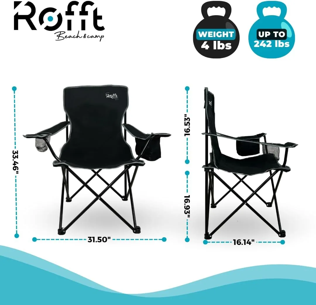 ROFFT Portable Camping Chair with Can Cooler, Fully Seat and Back with Side cooler Pocket and Cup Holder, Carry Bag Included, Collapsible Chair for Camping, events, Beach, and Sports