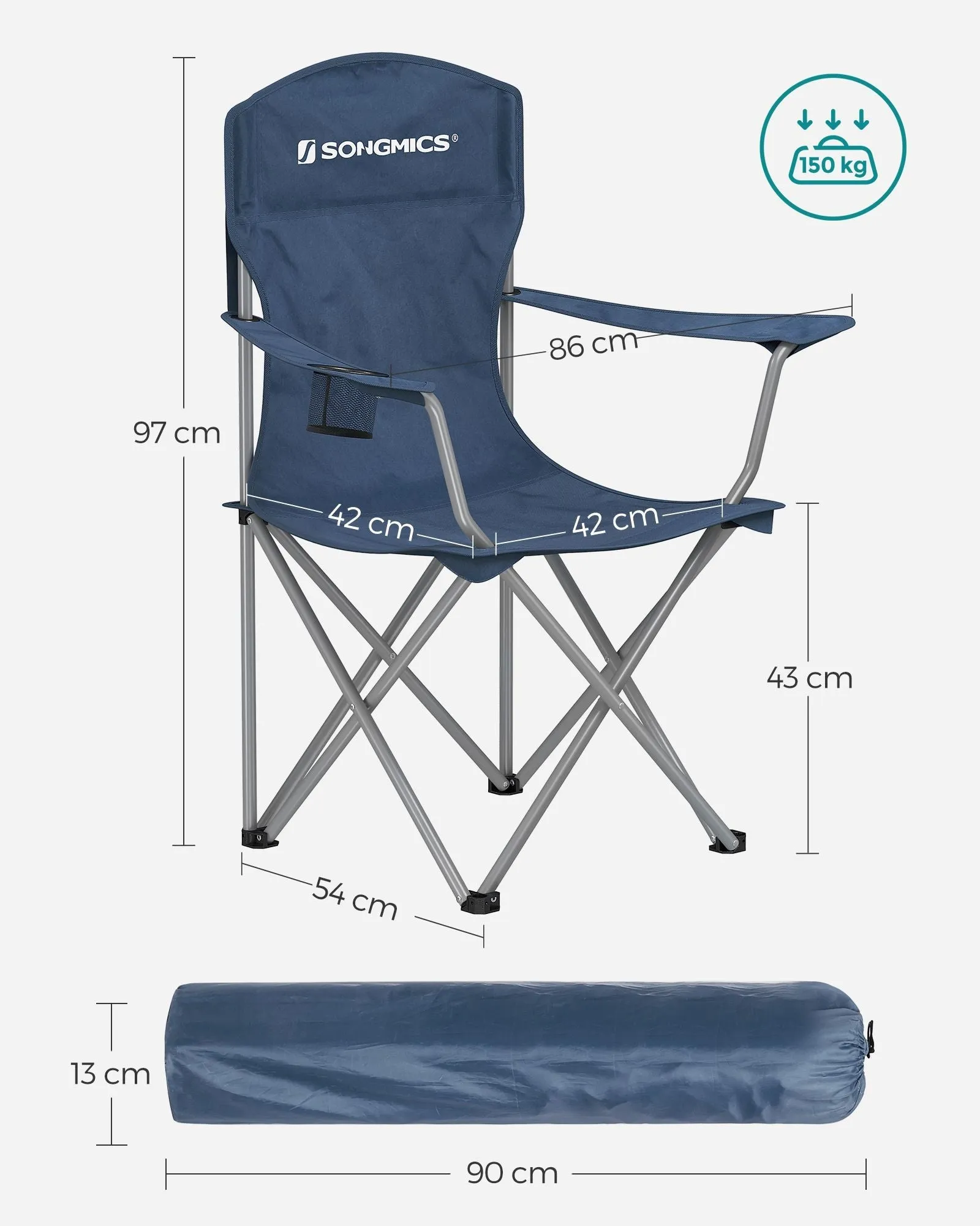 Rootz 2 Pack Twilight Blue Camping Chairs - Steel Frame - Oxford Cloth - Portable Folding Chairs - Compact Design - Lightweight - 54cm x 86cm x 97cm