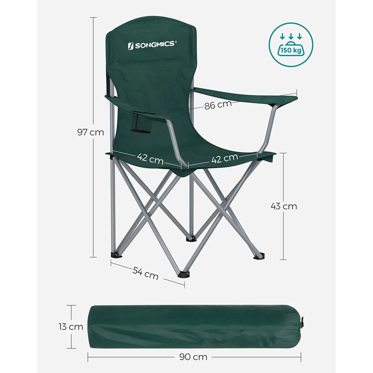 Rootz Dark Green 2 Piece Set Camping Chair - Steel Frame - Oxford Cloth - Portable Folding Chairs - Compact Design - Lightweight - 54cm x 86cm x 97cm
