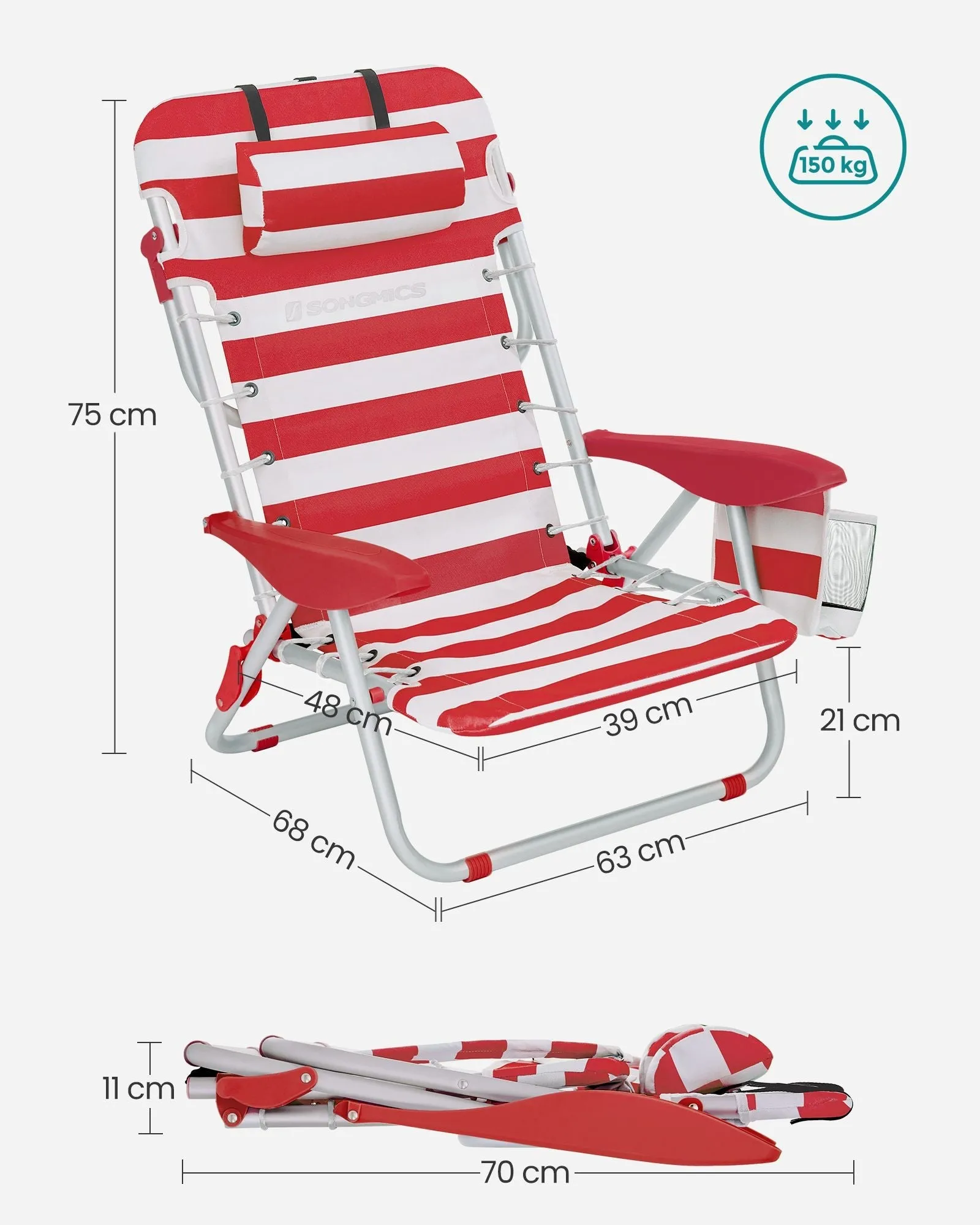 Rootz Red-White Aluminum Camping Chair - Beach Seat - Portable Folding Chair - Oxford Cloth - Lightweight and Durable - Compact Foldable Design - 68cm x 63cm x 75cm