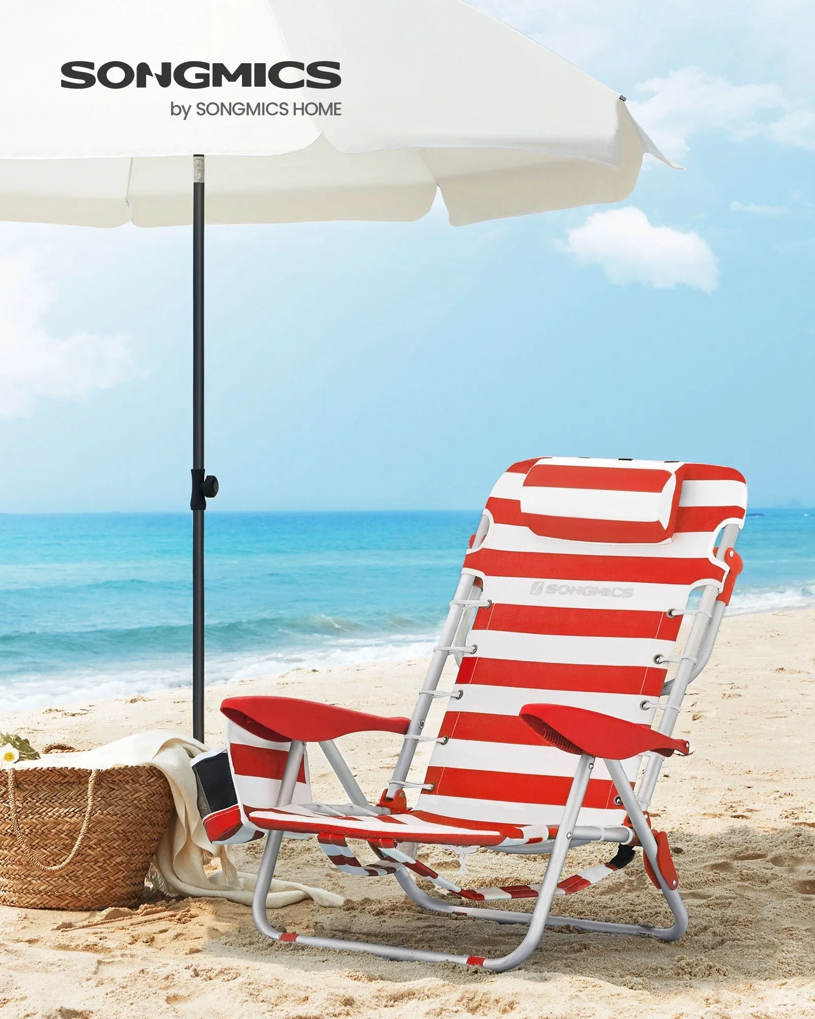 Rootz Red-White Aluminum Camping Chair - Beach Seat - Portable Folding Chair - Oxford Cloth - Lightweight and Durable - Compact Foldable Design - 68cm x 63cm x 75cm