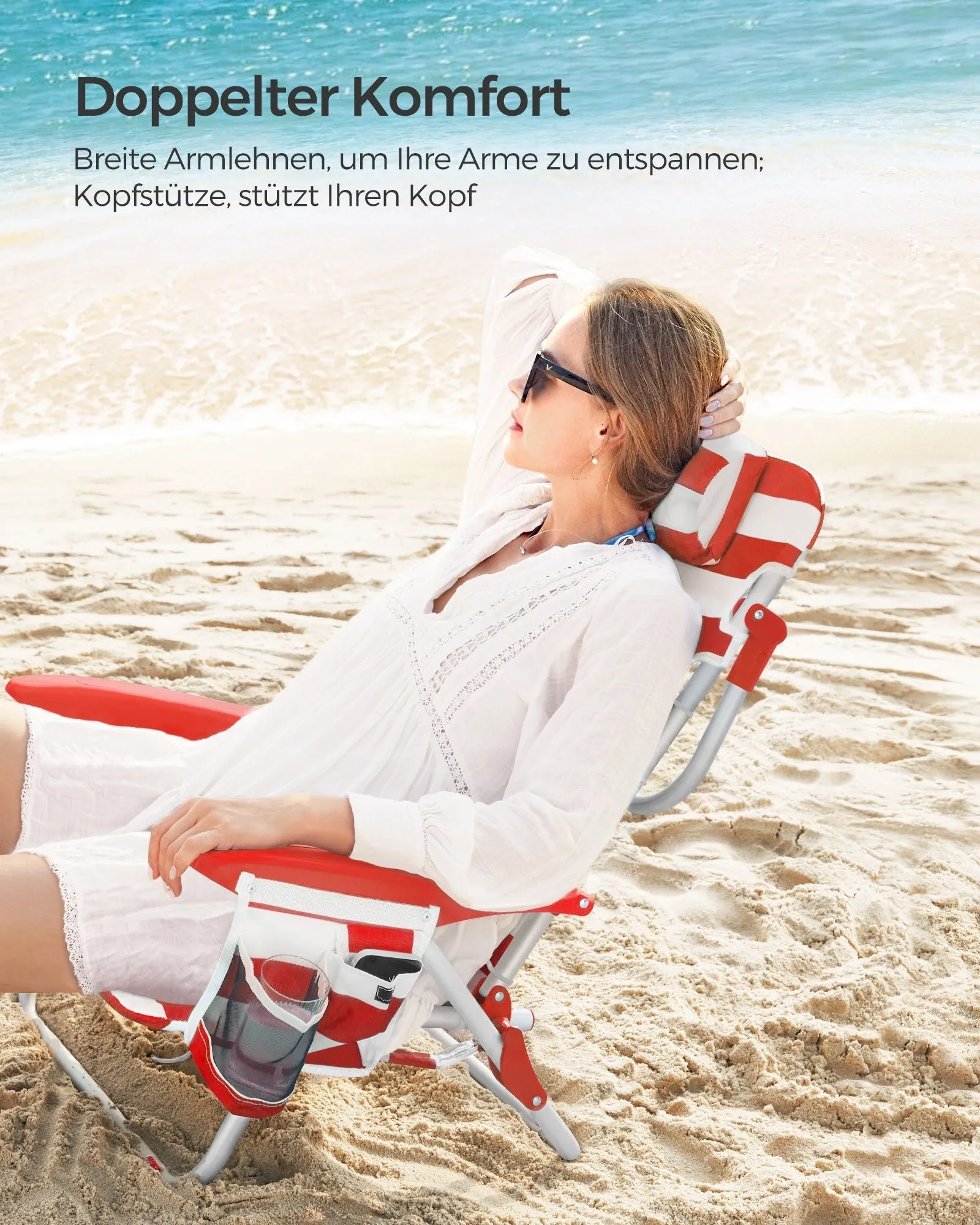 Rootz Red-White Aluminum Camping Chair - Beach Seat - Portable Folding Chair - Oxford Cloth - Lightweight and Durable - Compact Foldable Design - 68cm x 63cm x 75cm