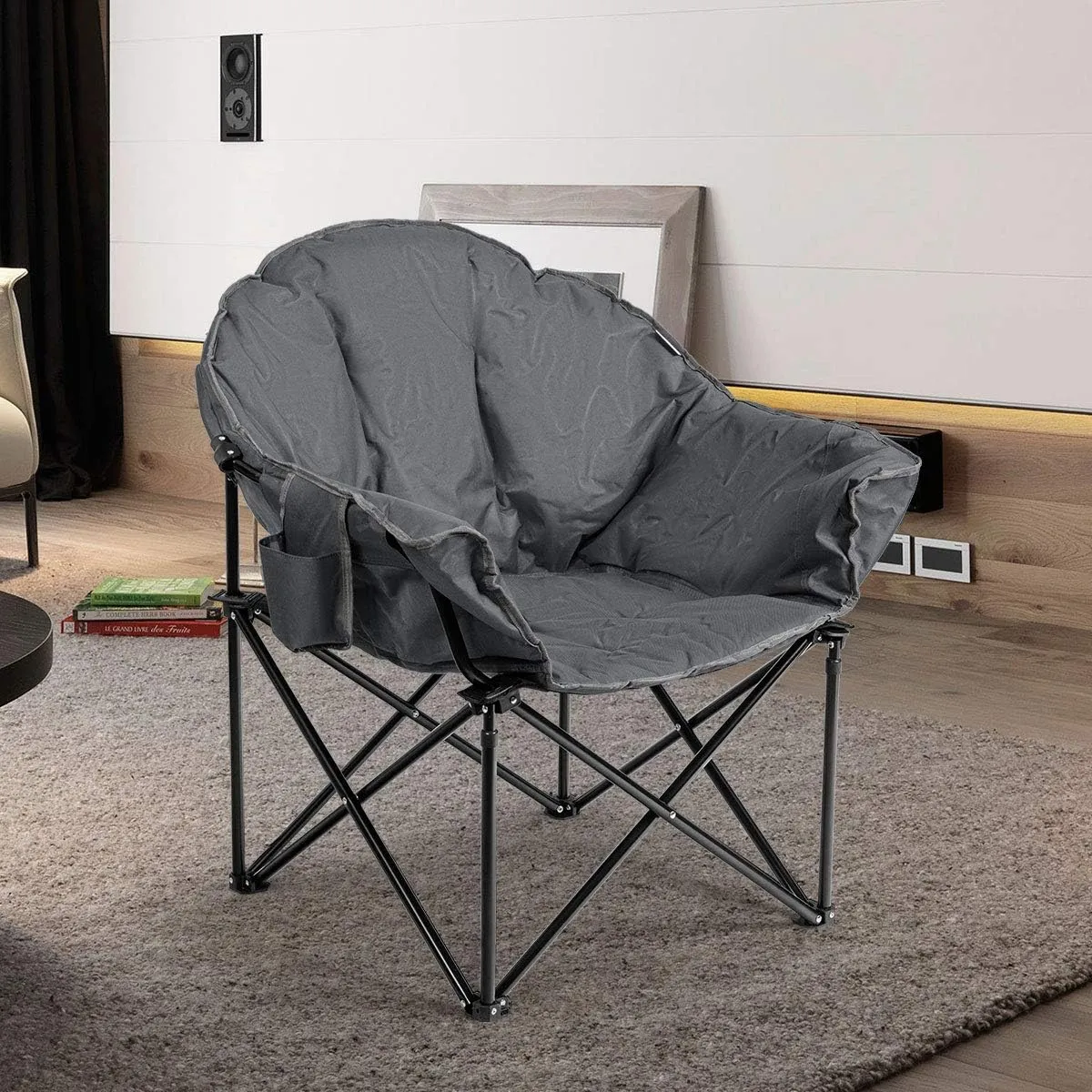 S AFSTAR 2 Packs Oversized Camping Chair, Cushion Padded Moon Round Saucer Chair w/Cup Holder & Carry Bag, Portable Camp Chair, Outdoor Folding Chair for Patio Beach Picnic (Grey)