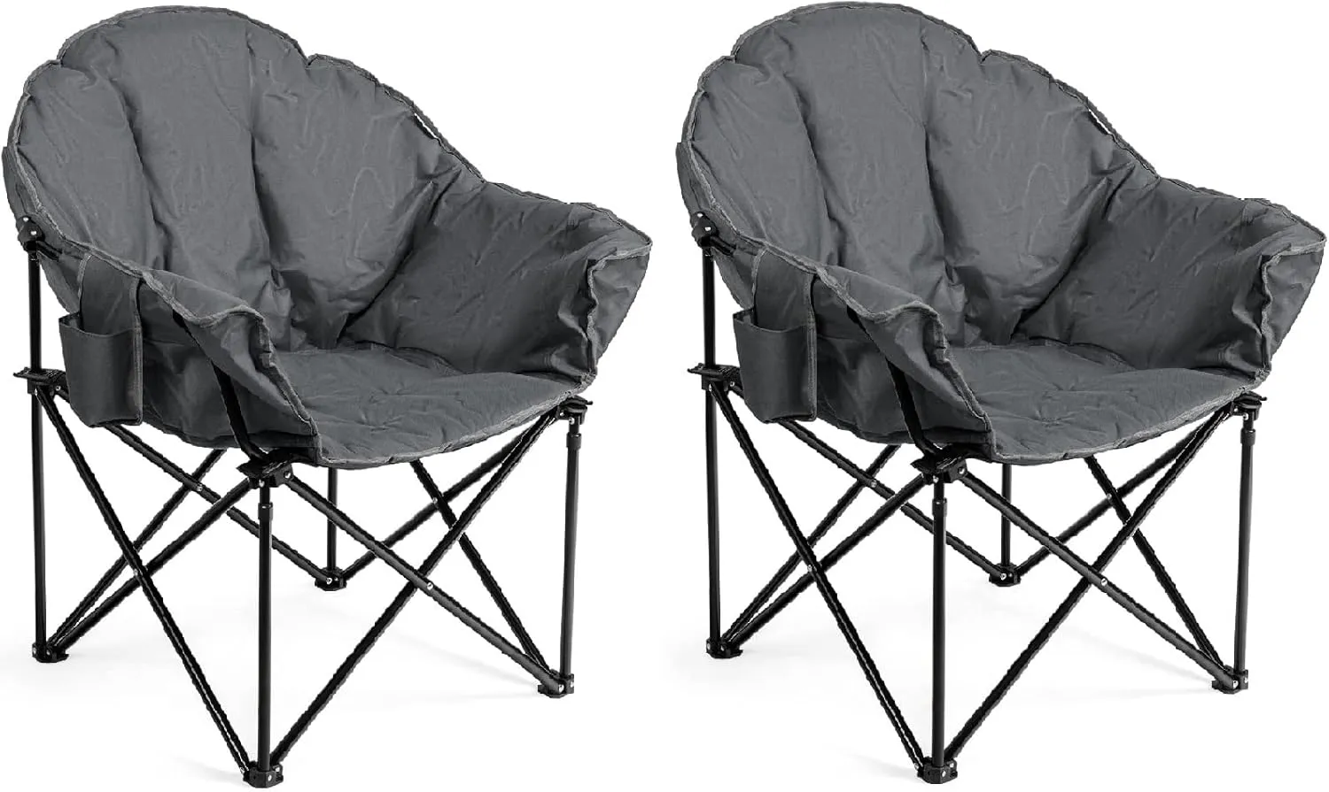 S AFSTAR 2 Packs Oversized Camping Chair, Cushion Padded Moon Round Saucer Chair w/Cup Holder & Carry Bag, Portable Camp Chair, Outdoor Folding Chair for Patio Beach Picnic (Grey)
