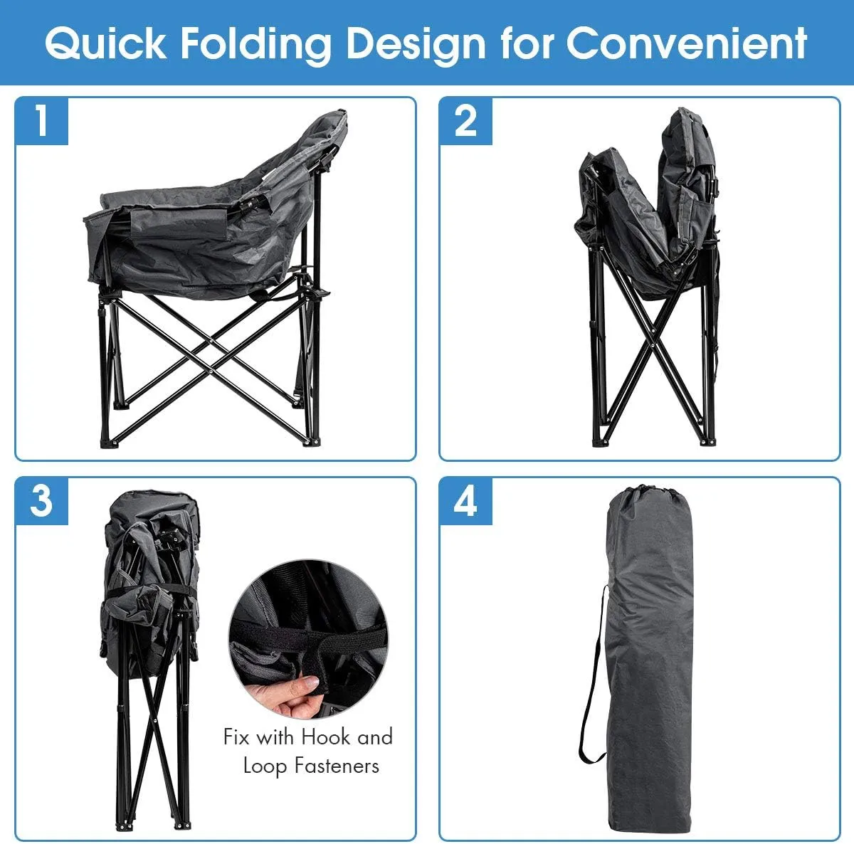 S AFSTAR 2 Packs Oversized Camping Chair, Cushion Padded Moon Round Saucer Chair w/Cup Holder & Carry Bag, Portable Camp Chair, Outdoor Folding Chair for Patio Beach Picnic (Grey)