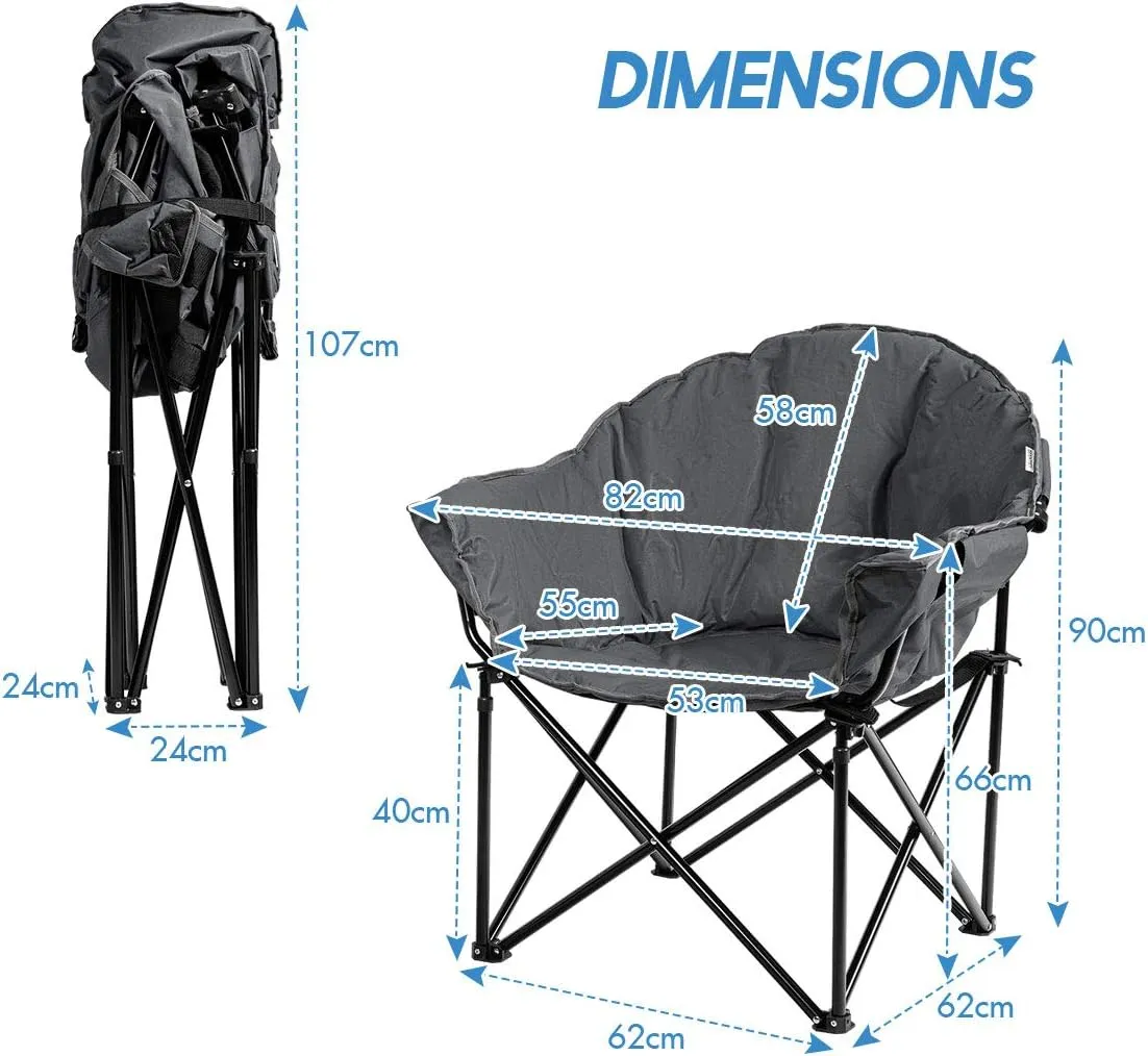 S AFSTAR 2 Packs Oversized Camping Chair, Cushion Padded Moon Round Saucer Chair w/Cup Holder & Carry Bag, Portable Camp Chair, Outdoor Folding Chair for Patio Beach Picnic (Grey)