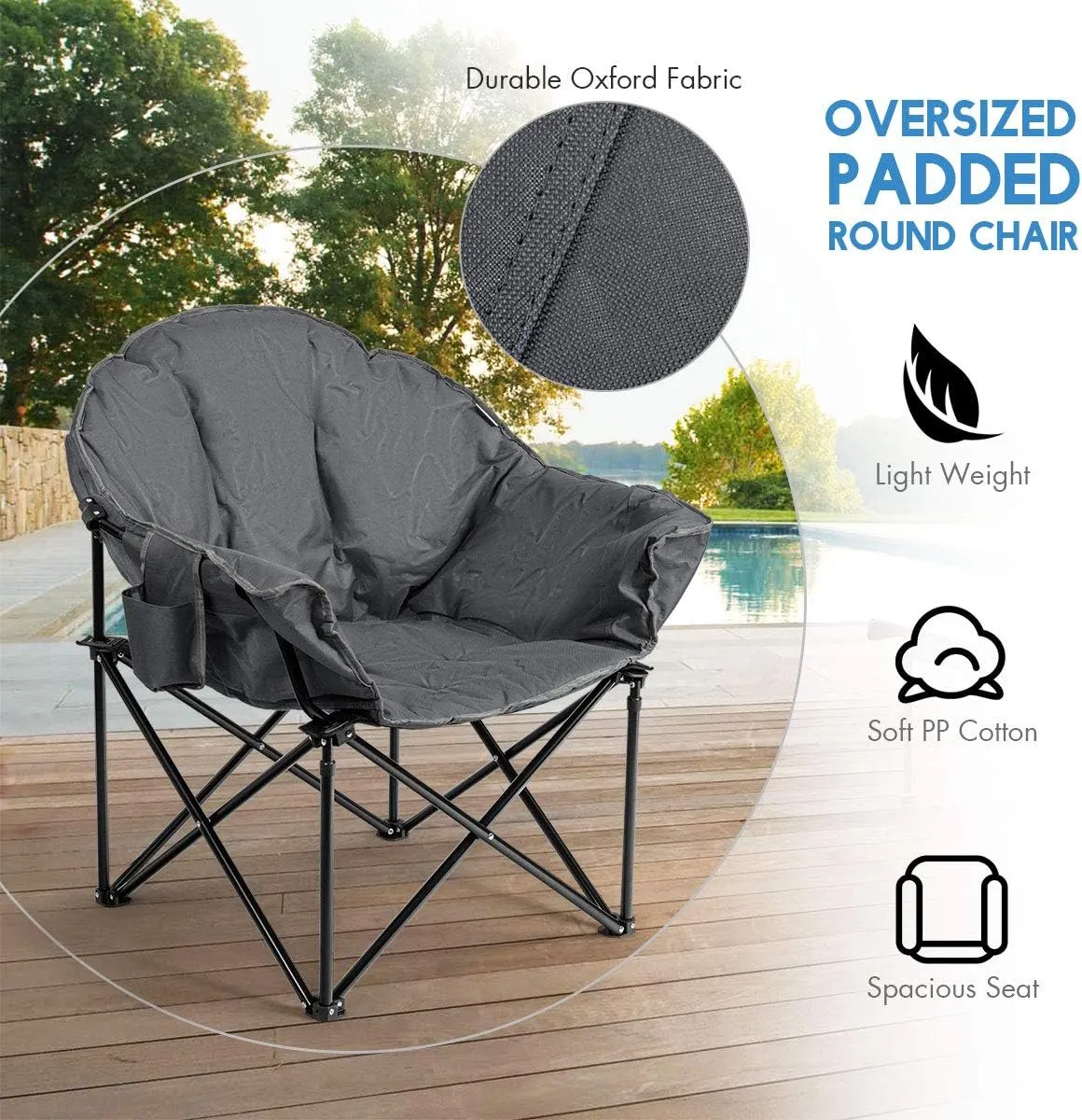 S AFSTAR 2 Packs Oversized Camping Chair, Cushion Padded Moon Round Saucer Chair w/Cup Holder & Carry Bag, Portable Camp Chair, Outdoor Folding Chair for Patio Beach Picnic (Grey)
