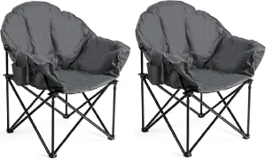S AFSTAR 2 Packs Oversized Camping Chair, Cushion Padded Moon Round Saucer Chair w/Cup Holder & Carry Bag, Portable Camp Chair, Outdoor Folding Chair for Patio Beach Picnic (Grey)