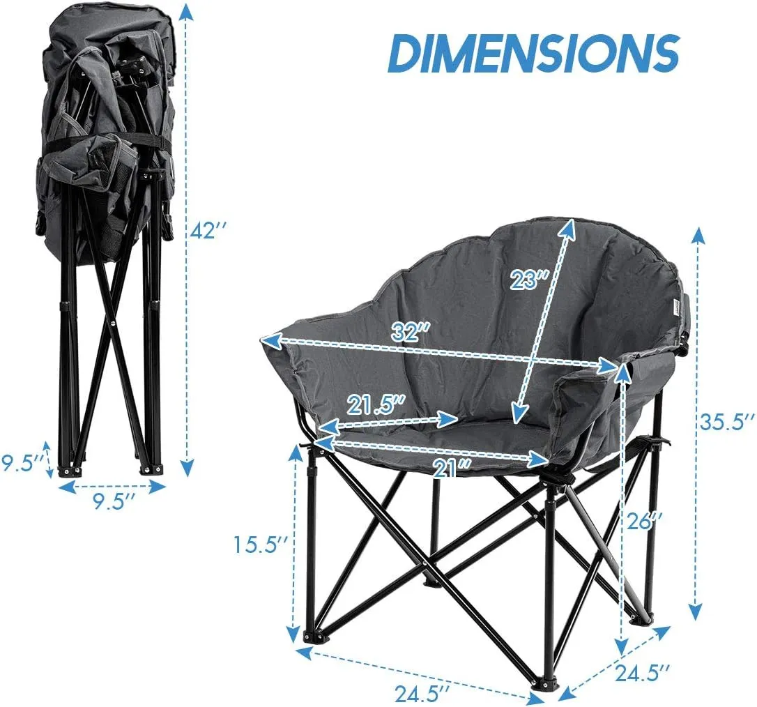S AFSTAR 2 Packs Oversized Camping Chair, Cushion Padded Moon Round Saucer Chair w/Cup Holder & Carry Bag, Portable Camp Chair, Outdoor Folding Chair for Patio Beach Picnic (Grey)