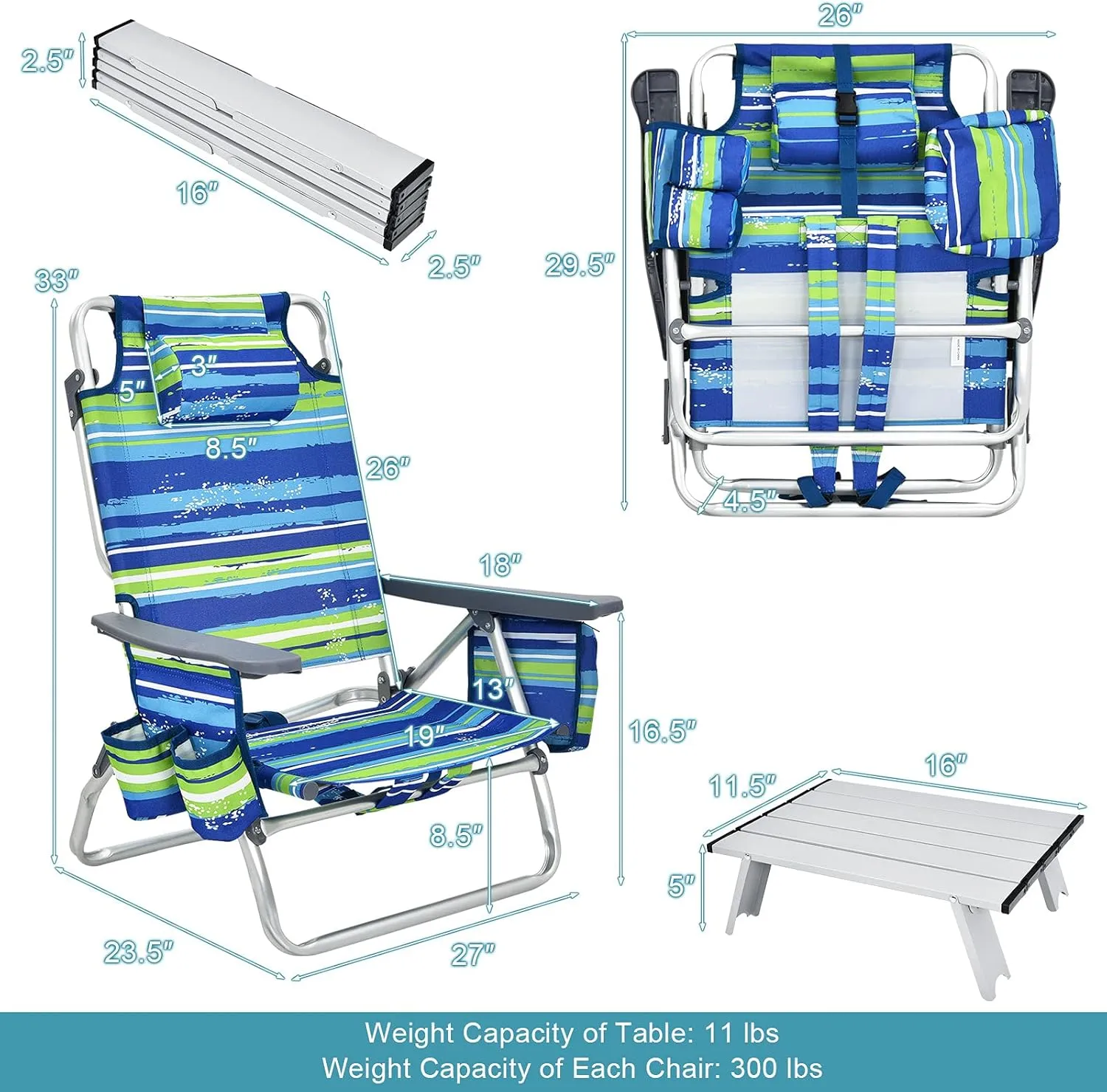 S AFSTAR Folding Beach Chair Set, 2 Pack Folding Chair and Aluminum Small Table, 5-Position Adjustable Camping Chairs with Ice Bag, Comfort Pillow, 3 PCS Backpack Recline Beach Chairs (Blue Green)