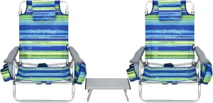 S AFSTAR Folding Beach Chair Set, 2 Pack Folding Chair and Aluminum Small Table, 5-Position Adjustable Camping Chairs with Ice Bag, Comfort Pillow, 3 PCS Backpack Recline Beach Chairs (Blue Green)