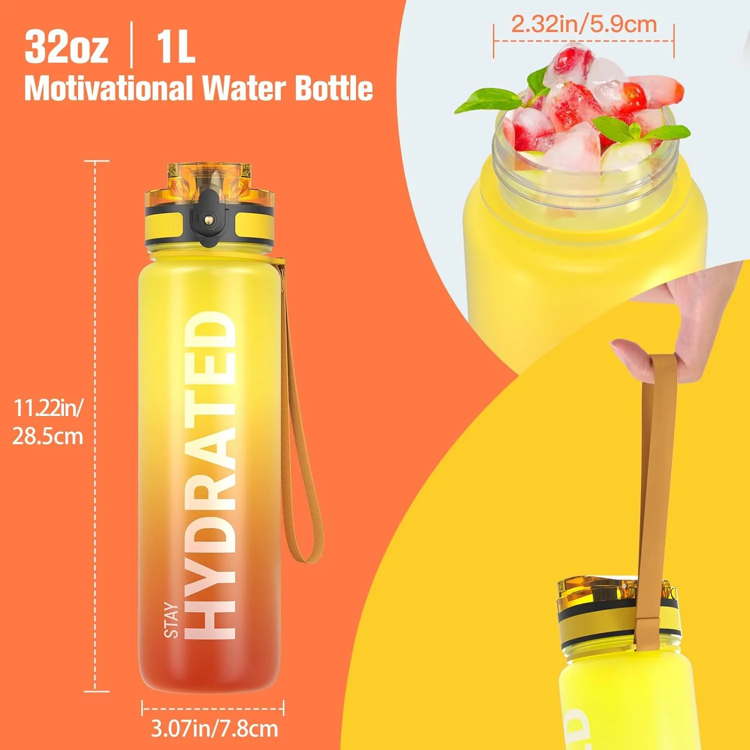 Sahara Sailor Water Bottle 32oz, Durable and Leakproof Water Bottles Motivational with Time Marker, Tritan, BPA Free, Wide Mouth with Easy Clean Brush for Gym, Travel, Home, School, Office (1 Bottle)