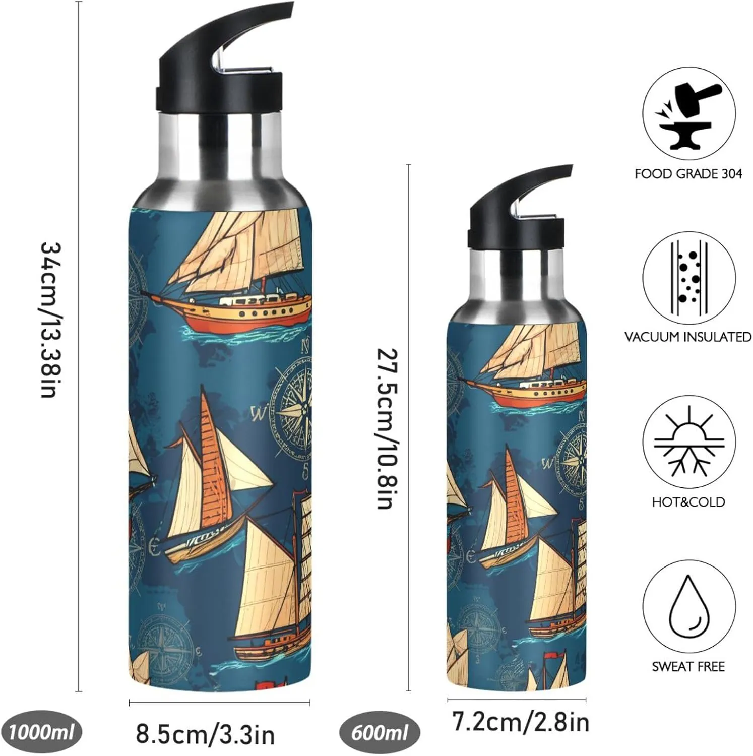 Sailing Patterns Sports Water Bottle with Straw, 22oz BPA Free Stainless Steel Vacuum Insulated Bottle for Gym Fitness Outdoor