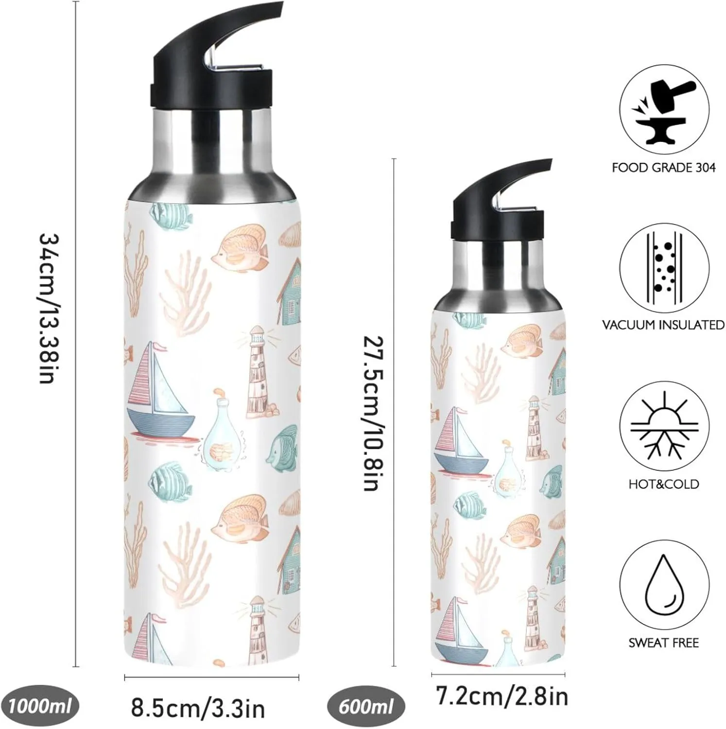 Sea Patterns Sports Water Bottle with Straw, 22oz BPA Free Stainless Steel Vacuum Insulated Bottle for Gym Fitness Outdoor
