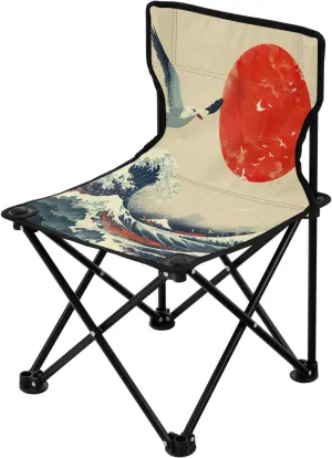 Sea Waves Seagulls Portable Outdoor Folding Chair Anti-Slip Padded Oxford Cloth Stool Camping Chair Small for Beach Hiking Fishing Gardening Quad Camp Chair