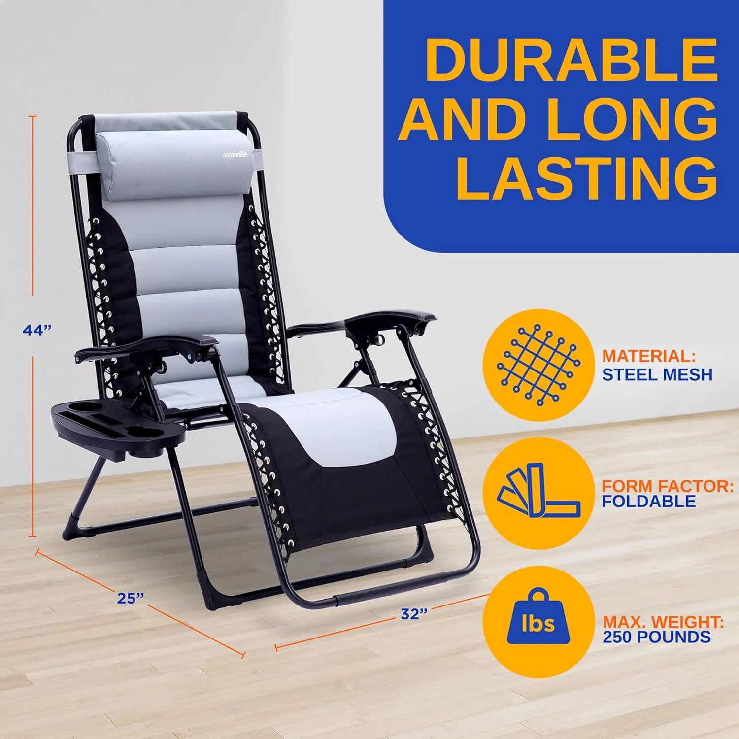 SereneLife Padded Zero Gravity Lounge Chair - Reclining Patio Chairs - Outdoor Lounge Chairs with Detachable Cup Holder Tray - Folding Recliner Chair with Removable Pillows - 1, Gray and Black
