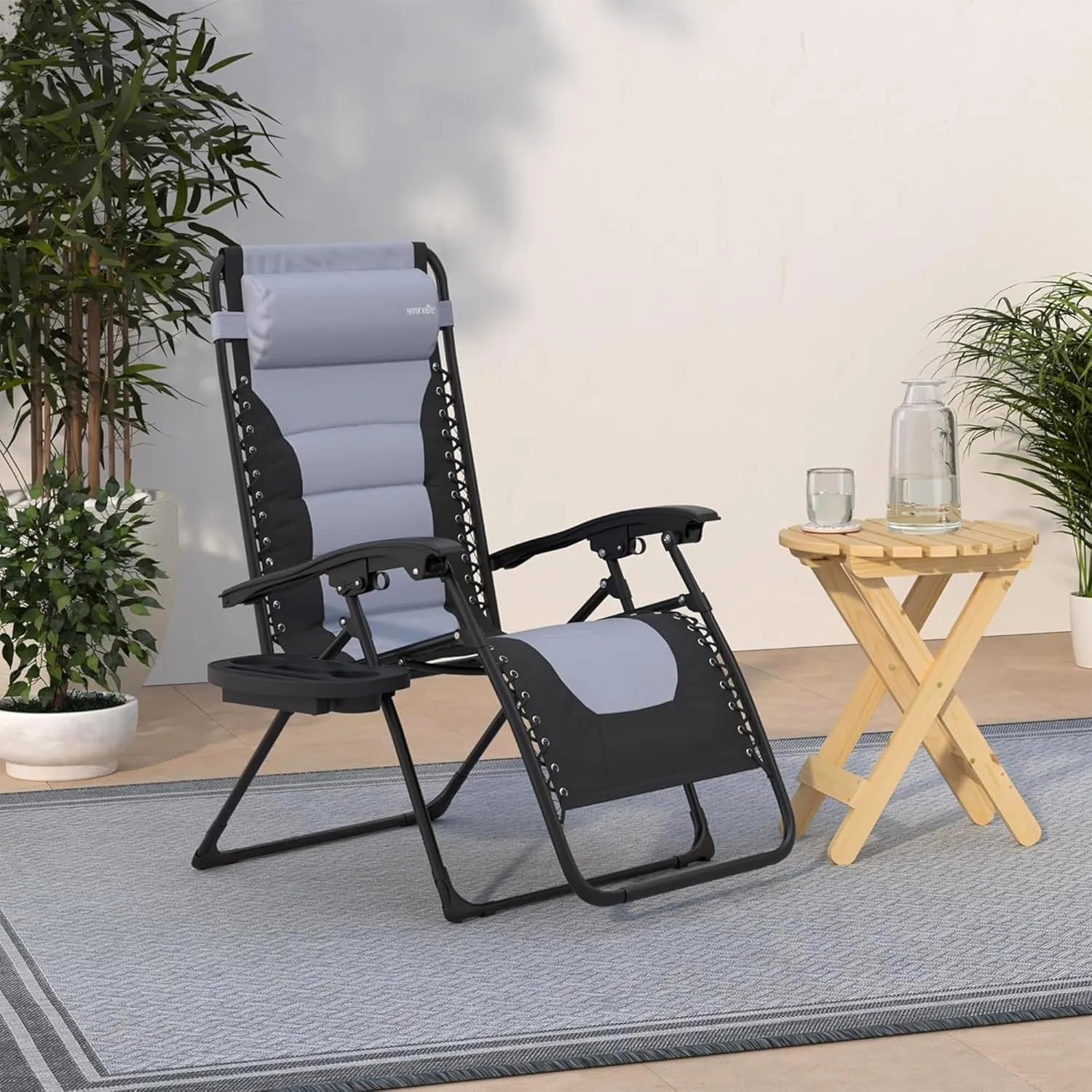 SereneLife Padded Zero Gravity Lounge Chair - Reclining Patio Chairs - Outdoor Lounge Chairs with Detachable Cup Holder Tray - Folding Recliner Chair with Removable Pillows - 1, Gray and Black